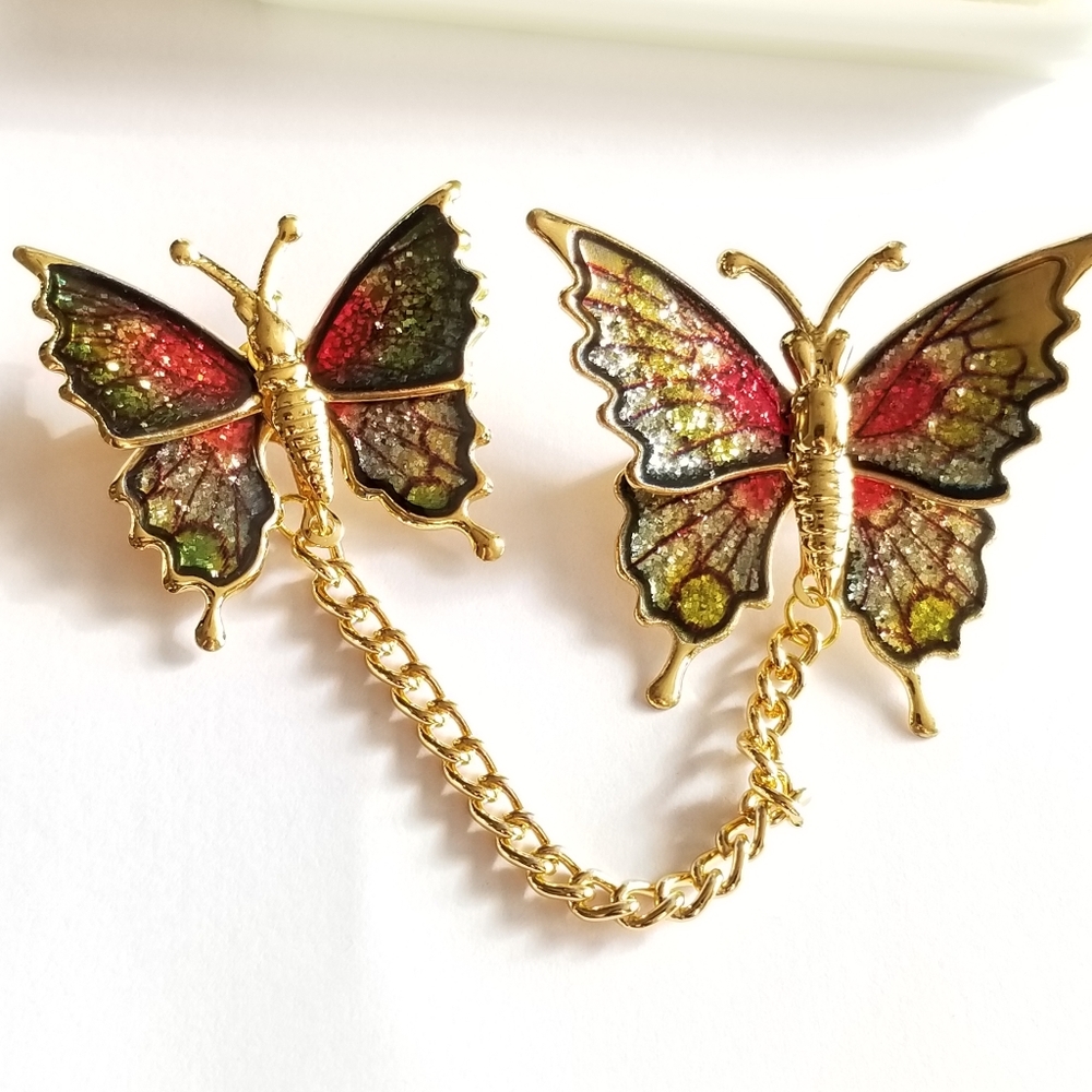 Vintage glitter butterfly brooch set New old stock Gold tone insect bug pin